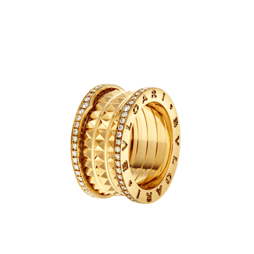 B.zero1 Rock couple rings in 18 kt yellow gold with studded spiral and pavé diamonds on the edges. A timeless ring set fusing visionary design with bold charisma. BZERO1-ROCK-COUPLES-RINGS image 3