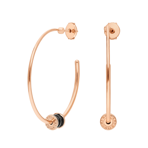 B.zero1 18 kt rose gold large hoop earrings set with black ceramic on the spiral 357222 image 2