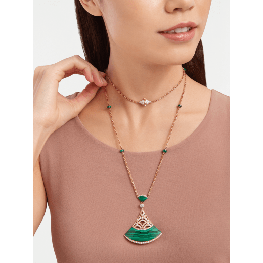 Divas’ Dream necklace with 18 kt rose gold chain set with malachite beads and diamonds, and 18 kt rose gold openwork pendant set with a diamond (0.50 ct), pavé diamonds and malachite inserts. 358222 image 1