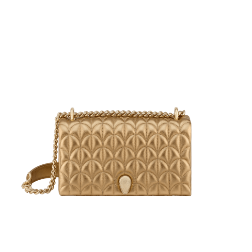 Serpenti Sugarloaf shoulder bag in black calf leather with a distinctive Calla Matelassé motif and black nappa leather lining. Captivating snakehead magnetic closure in gold-plated brass embellished with red enamel eyes. SCB-001-1295S-CALF image 1