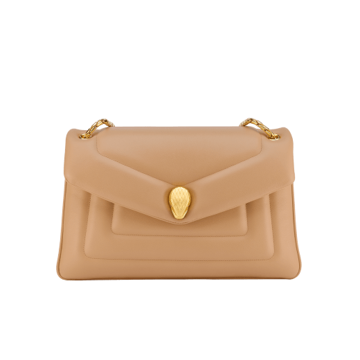 Serpenti Reverse medium shoulder bag in Sahara amber light brown quilted Metropolitan calf leather with taffy quartz pink nappa leather lining. Captivating snakehead magnetic closure in gold-plated brass embellished with red enamel eyes. 1223-MCL image 6