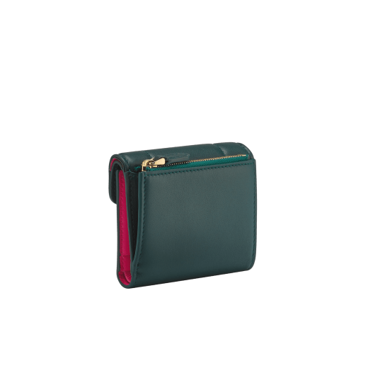 Serpenti Reverse compact wallet in Sahara amber light brown quilted Metropolitan calf leather with taffy quartz pink Metropolitan calf leather interior. Captivating snakehead press button closure in gold-plated brass embellished with red enamel eyes. SRV-COMPACTWLT image 3
