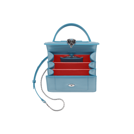 “Serpenti Forever ” top-handle bag in Lavender Amethyst lilac calf leather with Reef Coral red grosgrain inner lining. Iconic snakehead closure in light gold-plated brass embellished with black and white agate enamel and green malachite eyes 1122-CLa image 4