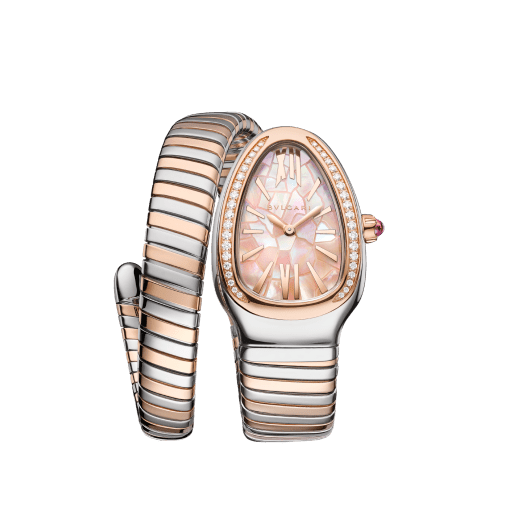 Tadao Ando x Bvlgari Serpenti Tubogas Limited Edition single-spiral watch in 18 kt rose gold and stainless steel with pavé diamonds on the bezel and pink mother-of-pearl dial. Water-resistant up to 30 metres. SERPENTI-TUBOGAS-TADAO-ANDO-PINK image 1