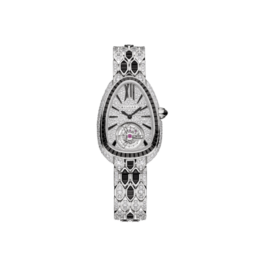 Serpenti Seduttori Tourbillon watch with mechanical manufacture movement with manual winding and tourbillon, 18 kt white gold case and bracelet set with baguette-cut black spinels and brilliant-cut diamonds, and pavé diamond-set dial. 103465 image 1