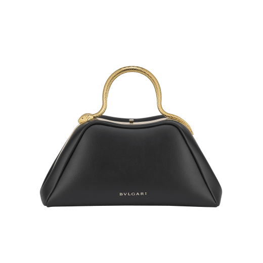 Serpentine small top handle bag in black smooth calf leather with emerald green nappa leather lining. Captivating snake body-shaped top handle in gold-plated brass embellished with engraved scales and red enamel eyes, press button closure and light gold-plated brass hardware. SRN-1268a image 3