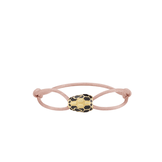 "Serpenti Forever" bracelet in Midnight Sapphire blue fabric with an alluring snakehead décor in light gold-plated brass enamelled in black and glittery Hawk's Eye grey, with seductive black enamel eyes. SERP-STRINGd image 1