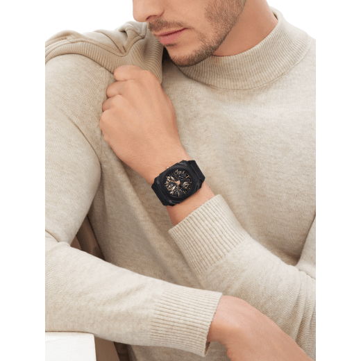 Octo Finissimo Skeleton 8 Days watch with mechanical manufacture ultra-thin movement (2.50 mm thin), manual winding, 8 days power reserve, black DLC-coated titanium case, openwork dial, rose gold-plated hands and indexes, black rubber bracelet. Water-resistant up to 30 metres 104121 image 1