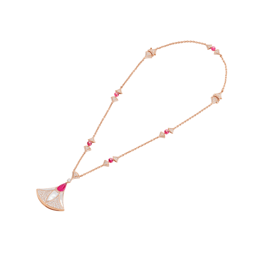 Divas' Dream necklace in 18 kt rose gold set with rubellites, mother-of-pearl elements and pavé diamonds Necklace with a double wearability and a detachable Bracelet 361950 image 3
