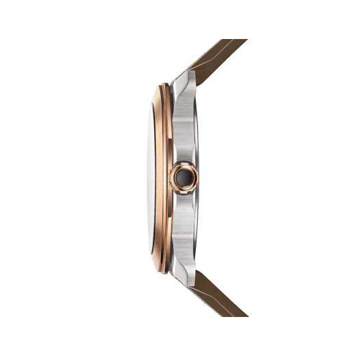 Octo Roma watch in stainless steel with additional interchangeable brown rubber strap, 18 kt rose gold bezel and grey Clous de Paris dial. Mechanical manufacture movement with automatic winding. Water-resistant up to 100 metres. 103928 image 7