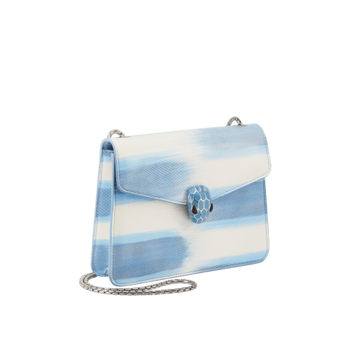 “Serpenti Forever” crossbody bag in multicolor "Shaded" karung skin with a pearled effect, and an Aquamarine light blue nappa leather internal lining. Tempting snakehead closure in palladium-plated brass, embellished with pearled lilac and matte Aquamarine light blue enamel, and black onyx eyes. 422-MK image 2