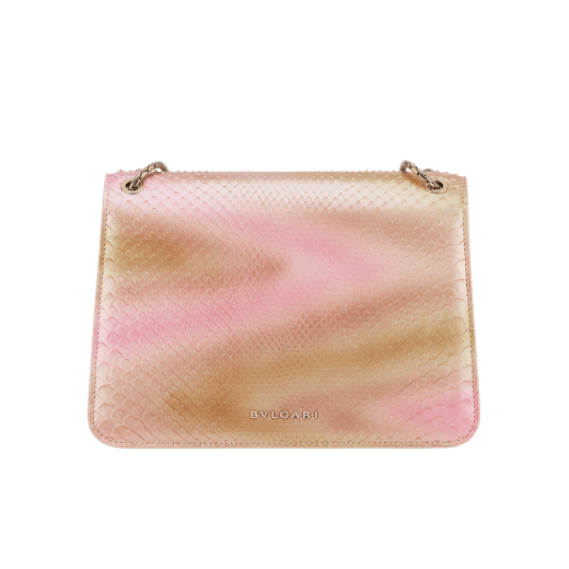 Serpenti Forever medium shoulder bag in pyrite Decò gold python skin with crystal rose nappa leather lining. Captivating snakehead magnetic closure in light gold-plated brass embellished with caramel topaz beige and white mother-of-pearl enamel scales, and black onyx eyes. 292077 image 3