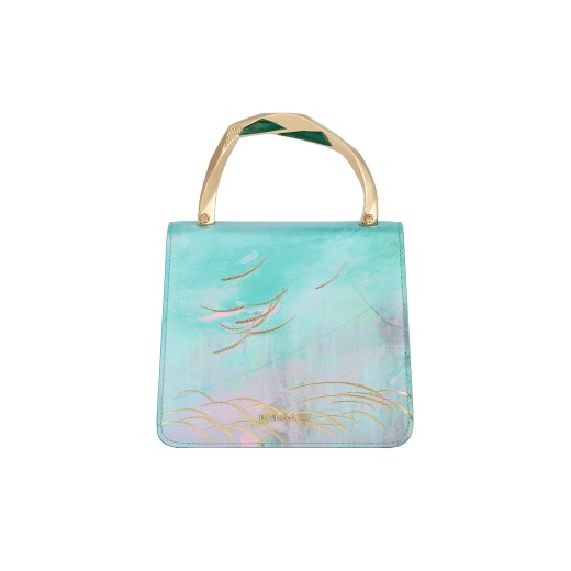 Zhou Li x Bvlgari Serpenti Forever Ocean small top handle bag in ocean blue calf leather with abstract print envisioned by the artist; Splish Splash light blue calf leather sides and rosa di Francia pink nappa leather lining. Captivating snakehead magnetic closure in light gold-plated brass embellished with nosegay pink and white agate enamel scales and green malachite eyes; light gold-plated brass geometric top handle reimagined by the artist with pink quartz inlays. Limited Edition. 752-ZhouLi image 3