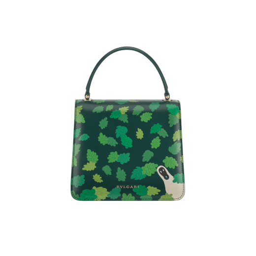 Sunwoo Kim x Bvlgari Serpenti Forever Night small top handle bag in midnight blue calf leather with nocturnal landscape print envisioned by the artist; cobalt blue calf leather sides and lavender lilac nappa leather lining. Captivating snakehead magnetic closure in gold-plated brass embellished with diamond-cut engraving on the scales, and blue lapis lazuli eyes. Limited Edition. 752-SunwooKim image 3