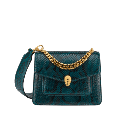 Serpenti Forever Maxi Chain small crossbody bag in anemone spinel pinkish red soft shiny python skin with black nappa leather lining. Captivating magnetic snakehead closure in gold-plated brass embellished with black onyx scales and red enamel eyes. 1134-SSP image 1