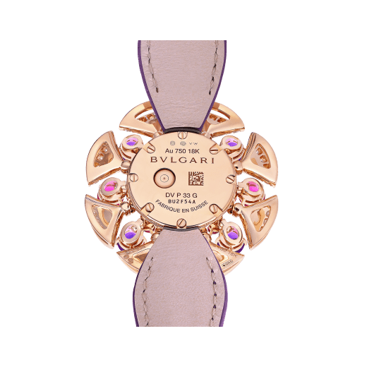 Orologio Divas' Dream con cassa in oro rosa 18 kt con diamanti tondi taglio brillante, ametiste e tormaline, quadrante in madreperla bianca e cinturino in alligatore viola. Impermeabile fino a 30 metri. 103753 image 3