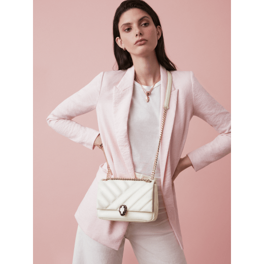 Serpenti Cabochon shoulder bag in soft matelassé white agate nappa leather with graphic motif and white agate calf leather. Snakehead closure in rose gold plated brass decorated with matte black and white enamel, and black onyx eyes. 981-NSM image 5