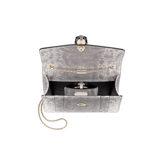 Serpenti Forever small crossbody bag in milky opal beige metallic karung skin with milky opal beige nappa leather lining. Captivating snakehead closure in light gold-plated brass embellished with black and glitter milky opal beige enamel scales and black onyx eyes. 422-MK image 4