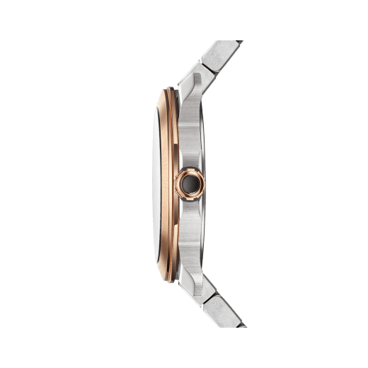 Octo Roma watch in stainless steel with additional interchangeable brown rubber strap, 18 kt rose gold bezel and grey Clous de Paris dial. Mechanical manufacture movement with automatic winding. Water-resistant up to 100 metres. 103928 image 3