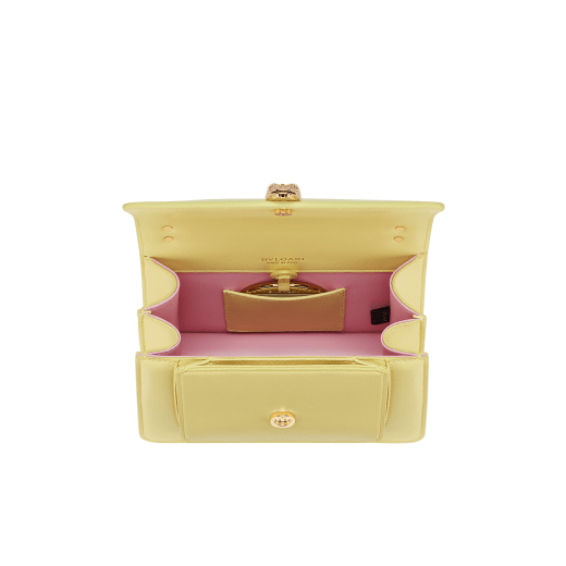 "Serpenti Forever" small maxi chain crossbody bag in peach nappa leather, with Lavander Amethyst lilac nappa leather internal lining. New Serpenti head closure in gold plated brass, finished with small pink mother-of-pearl scales in the middle and red enamel eyes. 1134-MCNa image 5