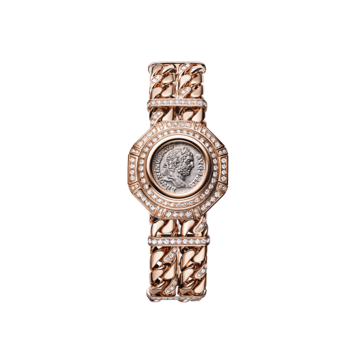 Monete Catene High Jewellery secret watch with mechanical manufacture micro-movement with manual winding, 18 kt rose gold case and chain bracelet set with diamonds, 18 kt rose gold cover set with a silver coin of emperor Caracalla, mother-of-pearl dial and diamond indexes 103870 image 1