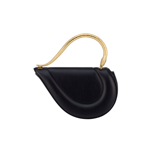 Serpenti Cuore 1968 medium top handle bag in black calf leather with black nappa leather lining. Captivating snake body-shaped top handle in gold-plated brass embellished with engraved scales and zirconia eyes; press-button closure. 294670 image 3