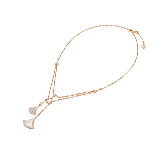 DIVAS' DREAM necklace in 18 kt rose gold with three fan-shaped motifs set with a mother-of-pearl insert and pavé diamonds 358682 image 2
