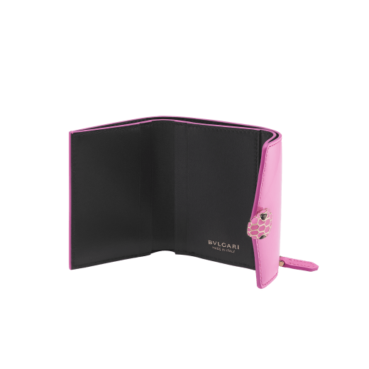 Serpenti Forever slim compact wallet in azalea quartz pink coated calf leather with black calf leather interior. Captivating snakehead press stud closure in rose gold-plated brass embellished with matt azalea quartz pink enamel scales and black onyx eyes. SEA-SLIMCOMPACT-VCLa image 2