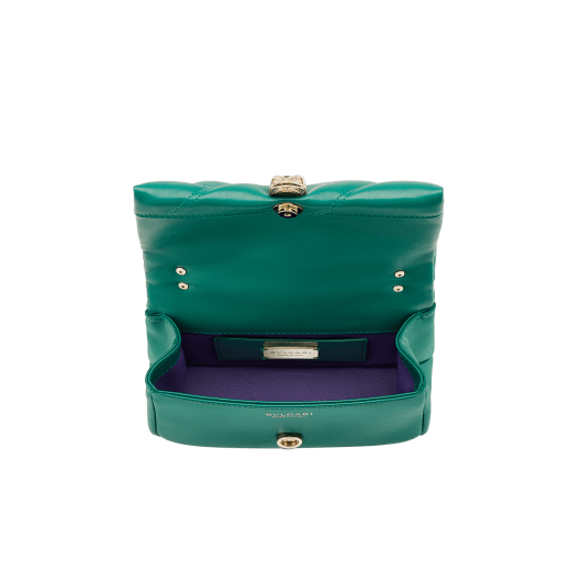 Serpenti Cabochon Maxi Chain mini crossbody bag in soft flash diamond calf leather with maxi graphic quilted motif and deep jade green nappa leather lining. Captivating snakehead magnetic closure in light gold-plated brass embellished with white mother-of-pearl scales and red enamel eyes. 1164-NSMa image 4