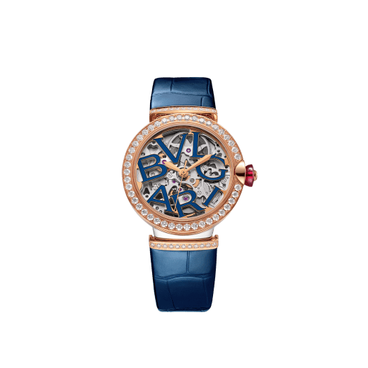 LVCEA Skeleton watch with mechanical manufacture movement, automatic winding and skeleton execution, polished stainless steel case, 18 kt rose gold bezel and links set with diamonds, blue lacquered openwork BVLGARI logo dial and blue alligator bracelet. Water-resistant up to 30 metres 103304 image 1