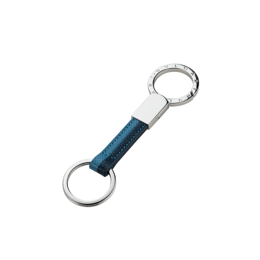 BULGARI BULGARI men’s keyring in Niagara sapphire blue and denim sapphire blue grain calf leather. Two metal keyrings in palladium-plated brass, one of which is engraved with the iconic BULGARI double logo. BBM-KEYHOLDSTRAP image 1