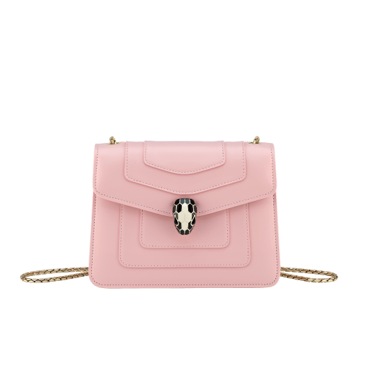 Serpenti Forever small crossbody bag in primrose quartz pink calf leather with heather amethyst pink grosgrain lining. Captivating snakehead magnetic closure in light gold-plated brass embellished with black and white agate enamel scales and black onyx eyes. 422-CLb image 1
