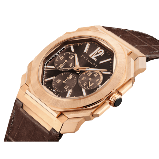 Octo Finissimo Chronograph GMT watch with mechanical manufacture ultra-thin movement (3.30 mm thick), automatic winding, 43 mm satin-polished 18 kt rose gold case, brown lacquered dial with sunray finish and brown alligator bracelet. Water-resistant up to 100 metres 103468 image 2