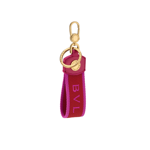 Portachiavi Bvlgari Bvlgari in tessuto rosso rubino e rosa con logo BVLGARI. Anello e moschettone in ottone placcato oro. BB-KEYRING image 1