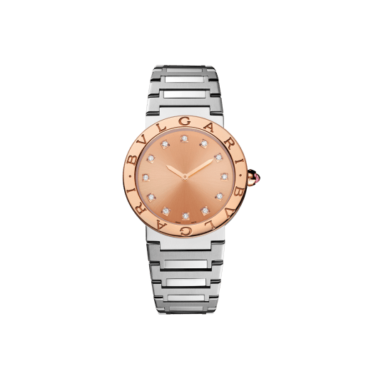 BULGARI BULGARI watch with satin-polished stainless steel case and bracelet, 18 kt rose gold bezel engraved with the double BULGARI logo, orange lacquered sunray dial and 12 diamond indexes. Water-resistant up to 30 metres. Resort Limited Edition of 100 pieces. 103682 image 1