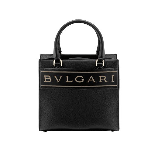 "Bvlgari Logo" small tote bag in Ivory Opal white calf leather, with Beet Amethyst purple grosgrain inner lining. Bvlgari logo featuring light gold-plated brass chain inserts on the Ivory Opal white calf leather. BVL-1159-CL image 1