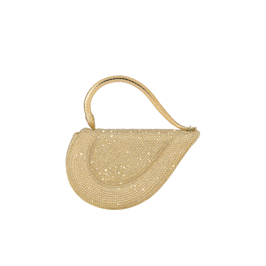 Serpenti Cuore 1968 top handle bag with gold Neige Pavé Crystals applied on a suede base and bright travertino nappa internal lining. Captivating snake body-shaped top handle in gold-plated brass embellished with engraved scales and zirconia eyes; press-button closure. SRN-001-1326S-CRYS image 5