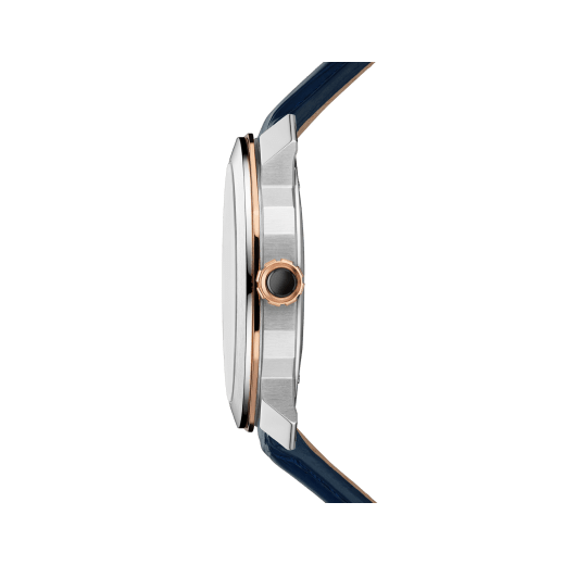 Octo Roma watch with mechanical manufacture movement, automatic winding, stainless steel and 18 kt rose gold case, blue dial and blue alligator bracelet. Water resistant up to 50 metres 103205 image 3