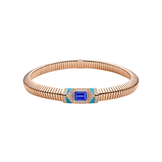 Bvlgari Tubogas 18 kt rose gold necklace set with a central tanzanite, turquoise inserts and pavé diamonds CL860175 image 1