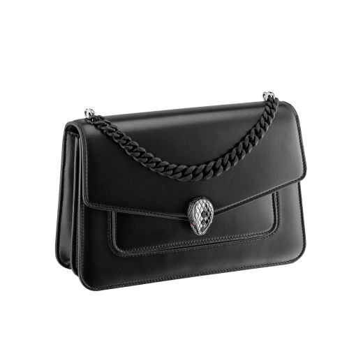 "Serpenti Forever" maxi chain crossbody bag in black nappa leather with black nappa leather inner lining. New Serpenti head closure in dark ruthenium-plated brass and finished with small black onyx scales in the middle and red enamel eyes. 1138-MCNb image 2