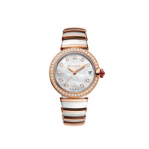 LVCEA Uhr mit Gehäuse und Armband aus 18 Karat Roségold und Edelstahl, Lünette mit Diamanten und weißem Perlmuttzifferblatt mit Diamantindizes. 102476 image 1