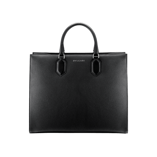 "Bvlgari Logo" large tote bag in black calf leather, with black grosgrain inner lining. Bvlgari logo featured with dark ruthenium-plated brass chain inserts on the black calf leather. BVL-1160 image 3