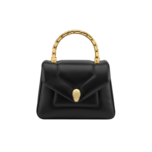 Serpenti Reverse small top handle bag in black quilted Metropolitan calf leather with black nappa leather lining. Captivating snakehead magnetic closure in gold-plated brass embellished with red enamel eyes. 1234-MCL image 1