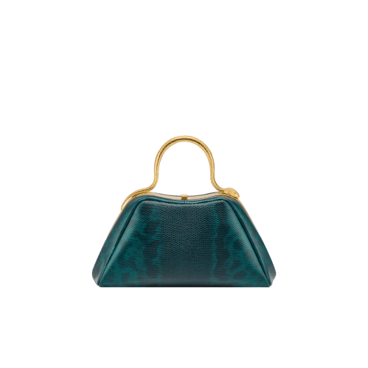Serpentine mini top handle bag in bright forest emerald shiny karung with black nappa leather lining. Captivating snake body-shaped top handle in gold-plated brass embellished with engraved scales and red enamel eyes, press-button closure and gold-plated brass hardware. 294311 image 1