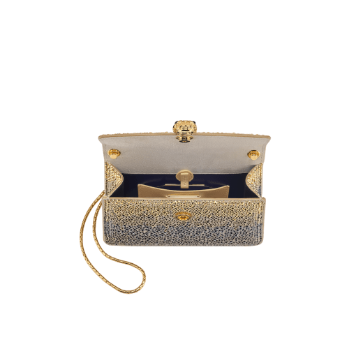 Serpenti Forever mini crossbody bag in natural suede with different-size gold crystals and black nappa leather lining. Captivating magnetic snakehead closure in gold-plated brass embellished with "diamantatura" engraving on the scales and black onyx eyes. 986-CDS image 4