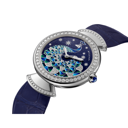 DIVAS' DREAM watch with 18 kt white gold case set with brilliant-cut diamonds, aventurine dial with hand-painted peacock set with diamonds and dark blue alligator bracelet 102740 image 2