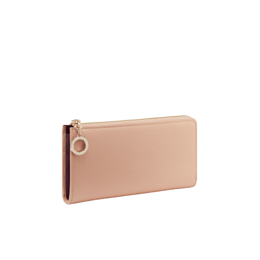 BULGARI BULGARI large L-shaped zipped wallet in bright, anemone spinel pinkish-red grained calf leather with primrose quartz pink nappa leather interior. Zip-around closure with iconic light gold-plated zip puller. 579-WLT-MZP-SLIM-Lc image 1