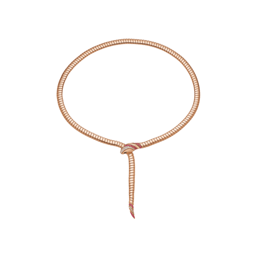 Serpenti 18 kt rose gold necklace set with round rubies on the head and tail, demi pavé diamonds on the head and black onyx eyes 362427 image 1