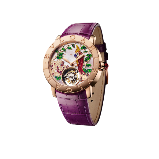 BVLGARI BVLGARI watch with mechanical manufacture movement, automatic winding, see-through tourbillon and sapphire bridge. 18 kt rose gold case, rose mother-of-pearl dial hand-decorated with peinture miniature motifs of a parrot, flowers and leaves, and brilliant parme alligator bracelet 102403 image 1