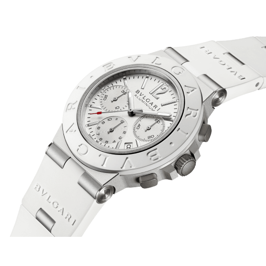 Bvlgari Aluminium Special Edition Chronograph watch with mechanical manufacture movement, automatic winding and chronograph, 40 mm sandblasted aluminium case, white rubber bezel and bracelet, and varnish white dial. Water-resistant up to 100 metres 104235 image 2